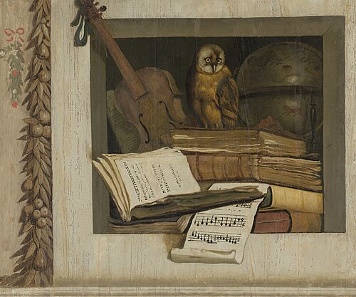 Still Life with Books, Sheet Music, Violin, Celestial Globe and an Owl, 1650, Jacob van Campen