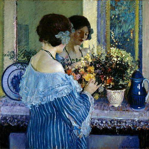 Girl in Blue Arranging Flowers, 1915, Frederick Carl Frieseke