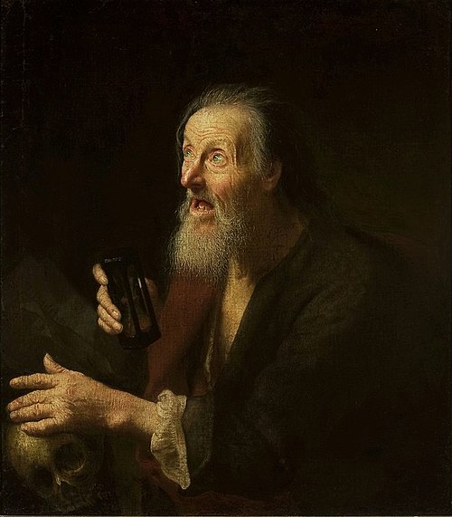 Un vieillard avec un sablier et un crâne., 1701, Balthasar Denner