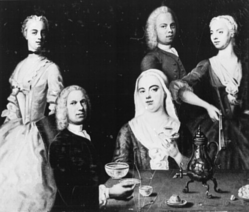 The artist sitting at the table with his family. Self-portrait, 1740, Balthasar Denner