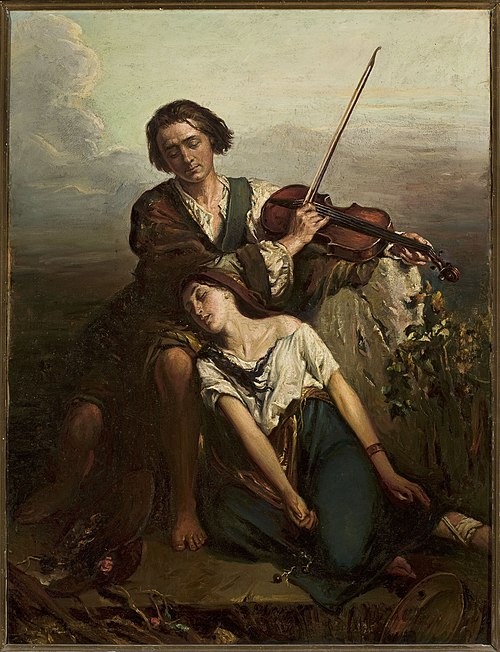Fiddler and a gypsy (Solace)., 1851, Louis Gallait