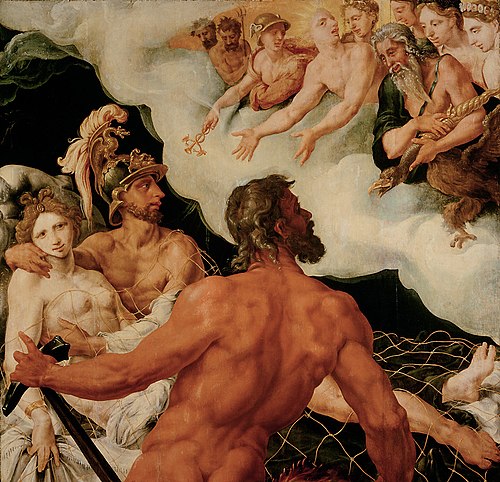Vulcan showing the captured Mars and Venus to the gods, 1540, Maarten van Heemskerck