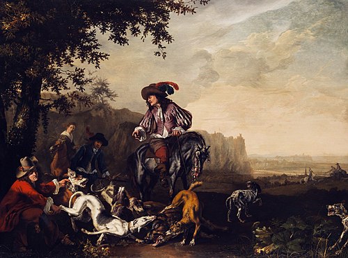 Höfischer Edelmann zu Pferd im Kreise seiner Jagdgefährten bei Sichtung der Jagdbeute, 1650, Abraham Hondius
