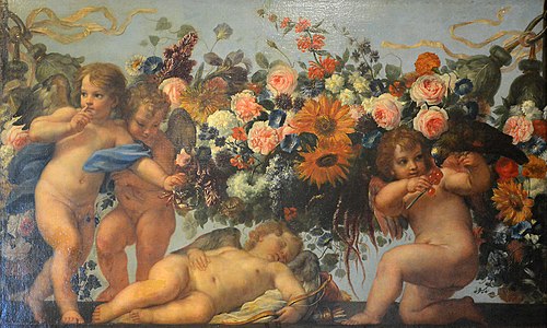 Amours et guirlande de fleurs avec un perroquet, 1694, Carlo Maratta