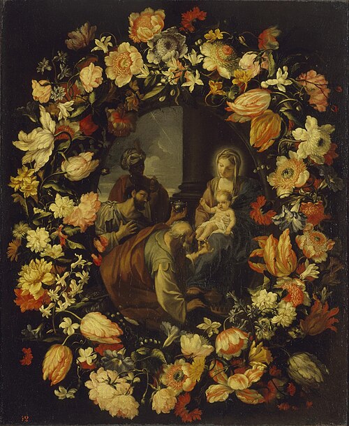 Adoration of the Magi framed by a Garland of Flowers, 1650, Carlo Maratta