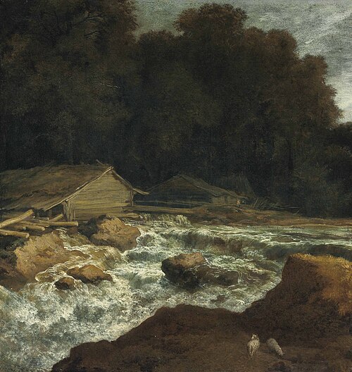 A wooded river landscape with a woodmill by a weir, 1840, Allaert van Everdingen