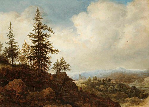 A mountainous landscape with a figure passing a timber shed in the foreground, 1650, Allaert van Everdingen