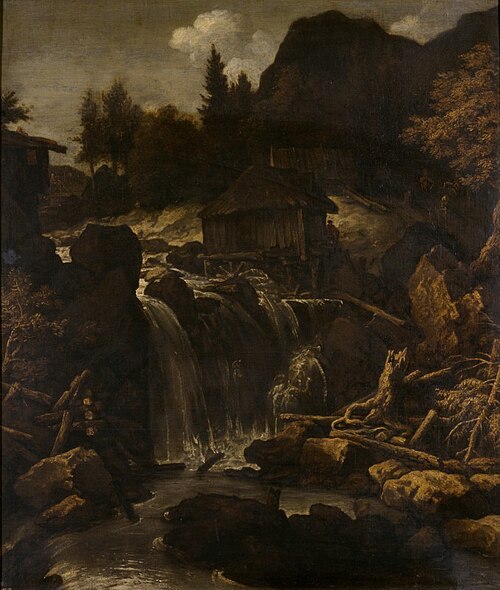 Paesaggio scandinavo con cascata e mulino d'acqua, 1650, Allaert van Everdingen