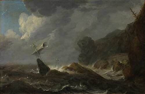Shipwreck off a rocky coast, 1650, Allaert van Everdingen