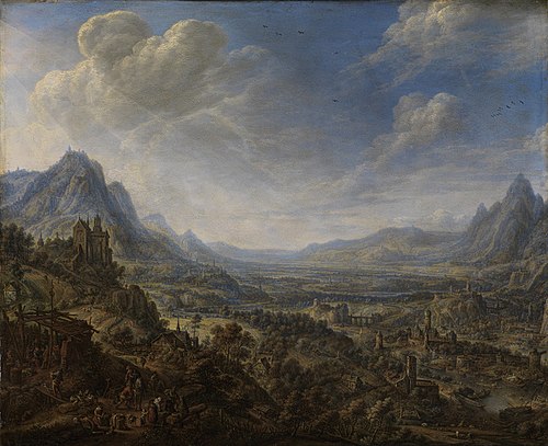 Mountainlandscape overlooking a wide river valley, 1679, Herman Saftleven II