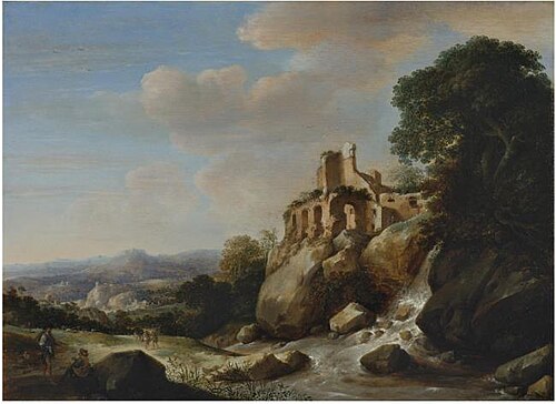 A wide landscape with travellers, a river and a ruin, 1634, Herman Saftleven II