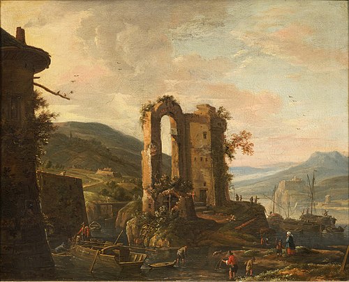 Mountain landscape with ruins near a mooring place, 1650, Herman Saftleven II
