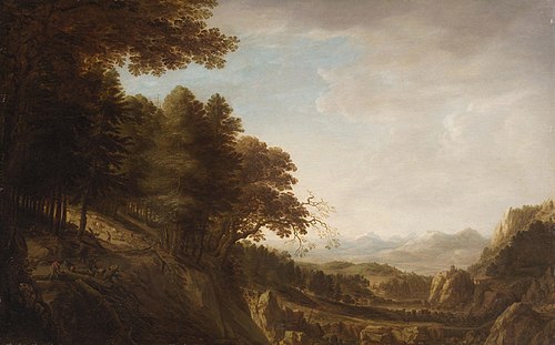 Wooded mountain landscape with lumberjacks, 1641, Herman Saftleven II
