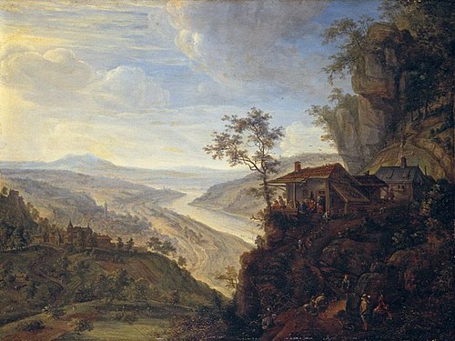 Schenke auf einem Berg mit der Ansicht von Rhens am Rhein, 1656, Herman Saftleven II