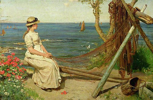 Mending the Nets, Newlyn, Cornwall, 1882, Ernest Waterlow