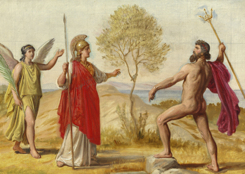 Pallas Athene, followed by the god of victory Nike, disputes with Poseidon., 1851, Constantin Hansen