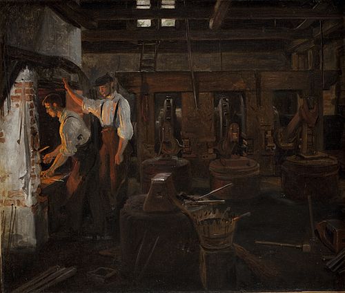 Det indvendige af den gamle hammermølle ved Hellebæk, 1859, Constantin Hansen