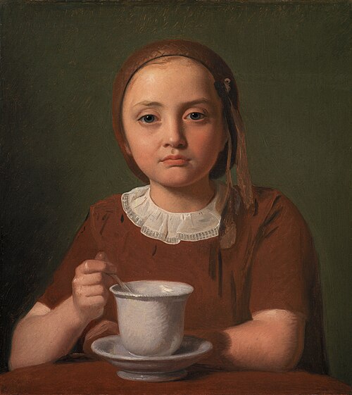 Portrait of a Little Girl, Elise Købke, with a Cup in front of her, 1850, Constantin Hansen