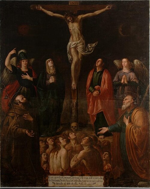 Cuadro de ánimas con calvario y santos, 1643, Felipe Gil de Mena