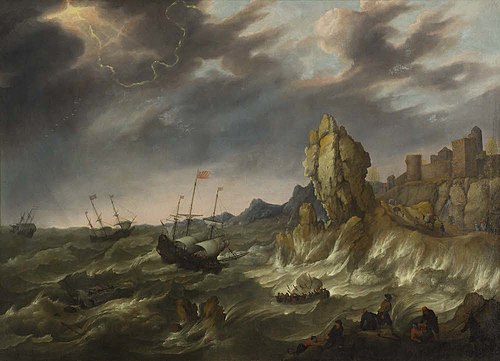 Ships on a rocky coast during a storm, 1644, Abraham Willaerts