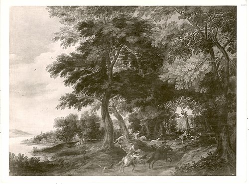Waldlandschaft mit See und Jagd, 1579, Paul Bril