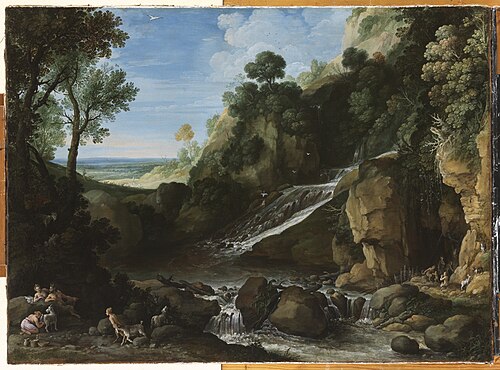 Berglandschap met saters en geiten bij een waterval, , Paul Bril