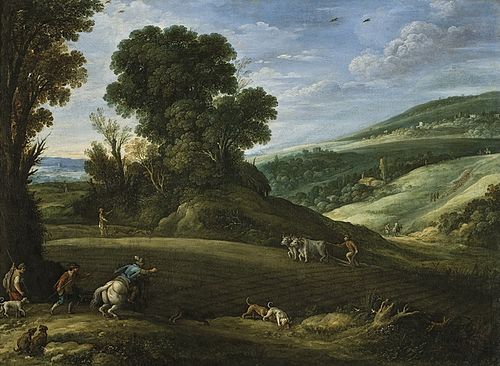 An extensive landscape with hunters crossing a field being ploughed, 1620, Paul Bril