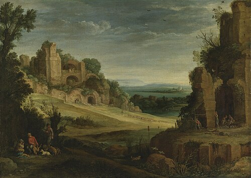 Landscape with a hunting party and Roman ruins, , Paul Bril