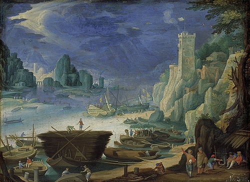 Nachtelijk gezicht op een haven met vuurtoren, 1601, Paul Bril