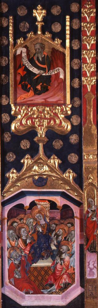 Retablo de la Virgen (b): Moses; The Pentecost, A Crowned Female Saint (Petronilla?), 1405, Pere Lembrí