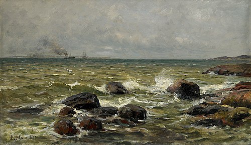 Kustvy med segelfartyg i horisonten, 1877, Berndt Lindholm