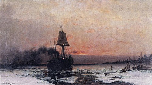 Ångbåt i is, 1875, Berndt Lindholm