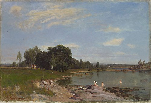 Strandlandskap med badande barn, 1872, Berndt Lindholm