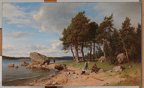 Strandparti med fiskare, 1865, Berndt Lindholm