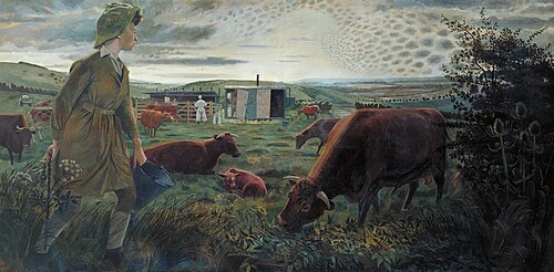 A Land Girl and the Bail Bull 1945, 1945, Evelyn Dunbar