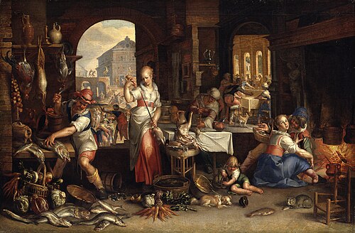 Kitchen interior with the parable of the great supper (Luke 14:12-24), 1605, Joachim Wtewael