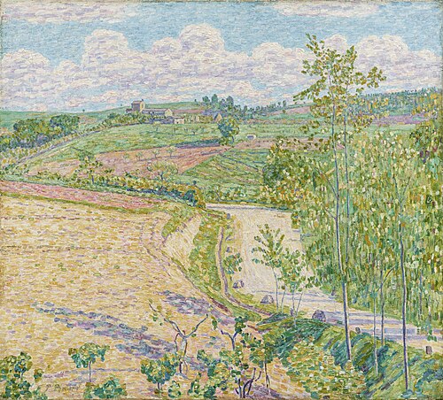Straße an Feldern in Frühlingssonne zu toskanischem Gutshof auf einem Hügel, 1912, Paul Baum