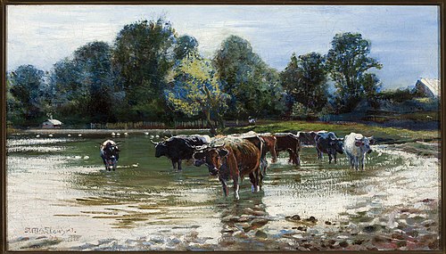 Cows wading in the river, 1893, Stanisław Masłowski