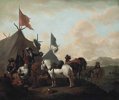 A military encampment with soldiers carousing before a tent, 1679, Evert Oudendijck