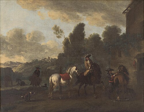 Horsemen near a house in a southern landscape, , Evert Oudendijck