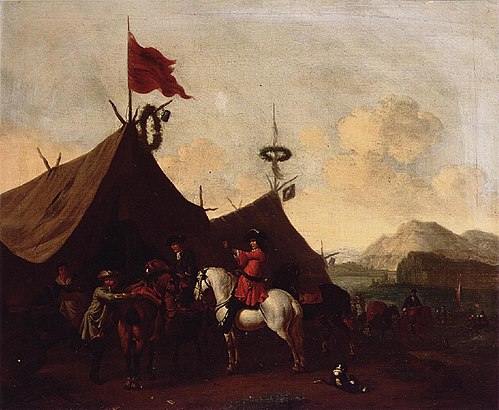 Soldiers resting outside their encampment in an italianate landscape, 1670, Evert Oudendijck