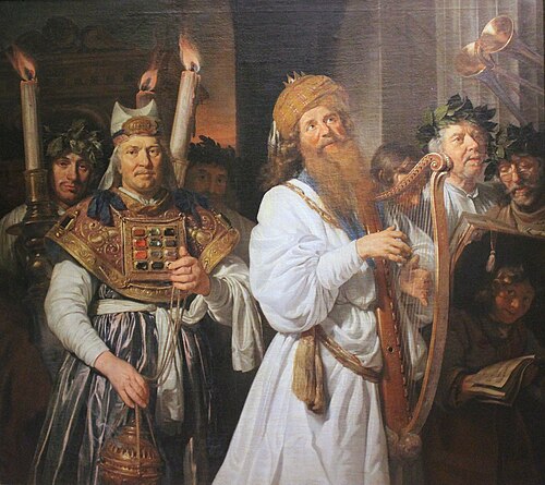 David, dressed in a linen shirt, brings the ark into Jerusalem, dancing before the ark and making mu, 1674, Jan de Bray