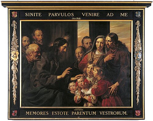Family Portrait of Braems-Van der Laen with Christ Blessing the Children, 1663, Jan de Bray