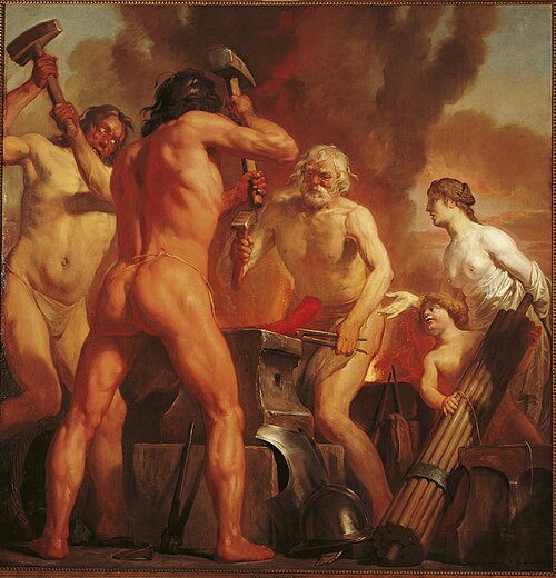 Venus and Cupid in Vulcan's smithy, 1683, Jan de Bray