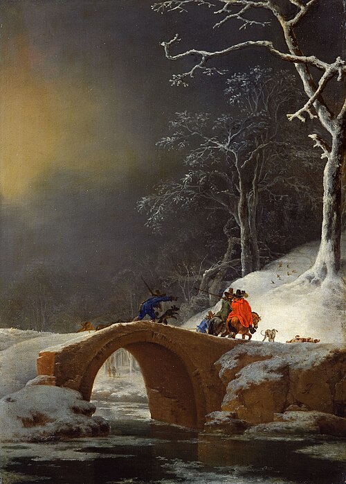 Winter landscape with huntsmen on a bridge, 1647, Jan Asselijn