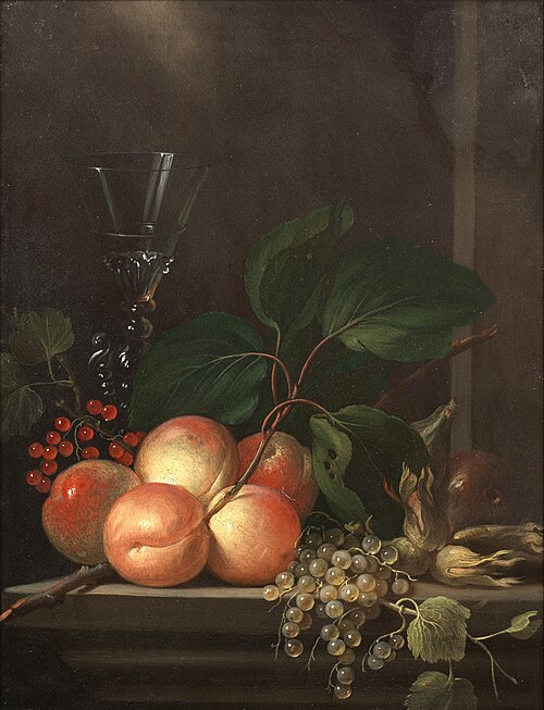 Peaches, grapes, redcurrants, white currants, hazelnuts and a glass on a stone ledge, , Michel Bouillon
