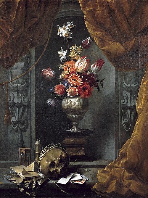 Still-life of Vanitas and Flowers, 1668, Michel Bouillon