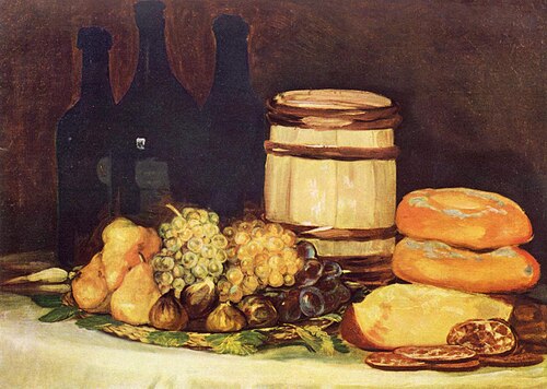 Still life with fruit, bottles, breads, 1824, Francisco de Goya