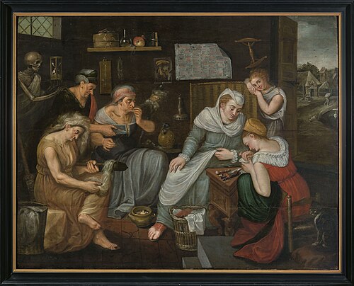 Paneelschildering "Allegorische scène met de drie schikgodinnen" olieverf op eikenhout door een onbe, 1570, Frans Floris I