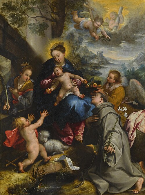 The Madonna and Child with Saints Catherine, Dominic and the Infant Saint John the Baptist, a landsc, 1592, Denis Calvaert